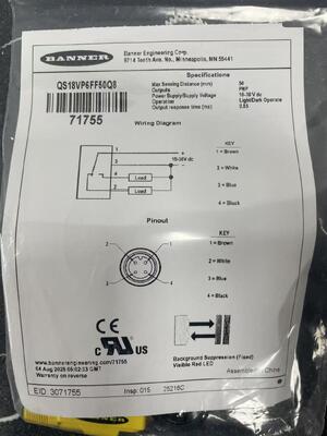 BANNER QS18VP6FF50Q8 Sensore fotoelettrico a campo fisso ad alta affidabilità